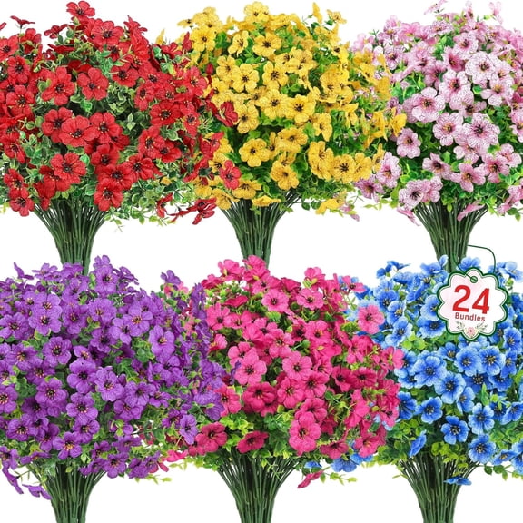 AcerichFad 24 Bundles Fake Flowers Outdoor, Artificial Plants Faux Flowers Spring Summer Outside for Home Garden Porch Window Box Decorations, Multicolor
