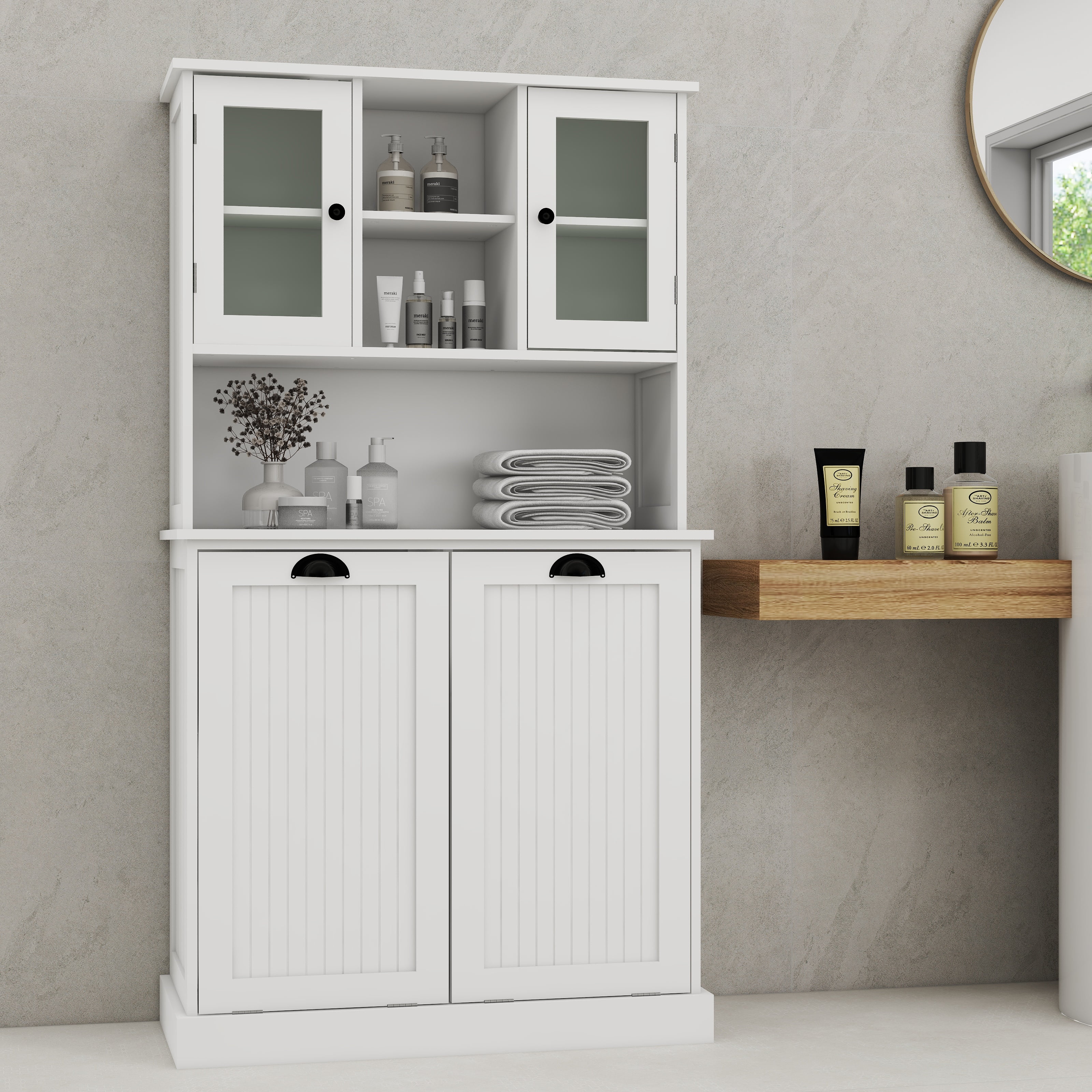 Mintazer Laundry Hamper Cabinet with 2 Compartment Tilt-Out Removable Laundry Baskets and Adjustable Shelves for Bathroom Laundry Room,White
