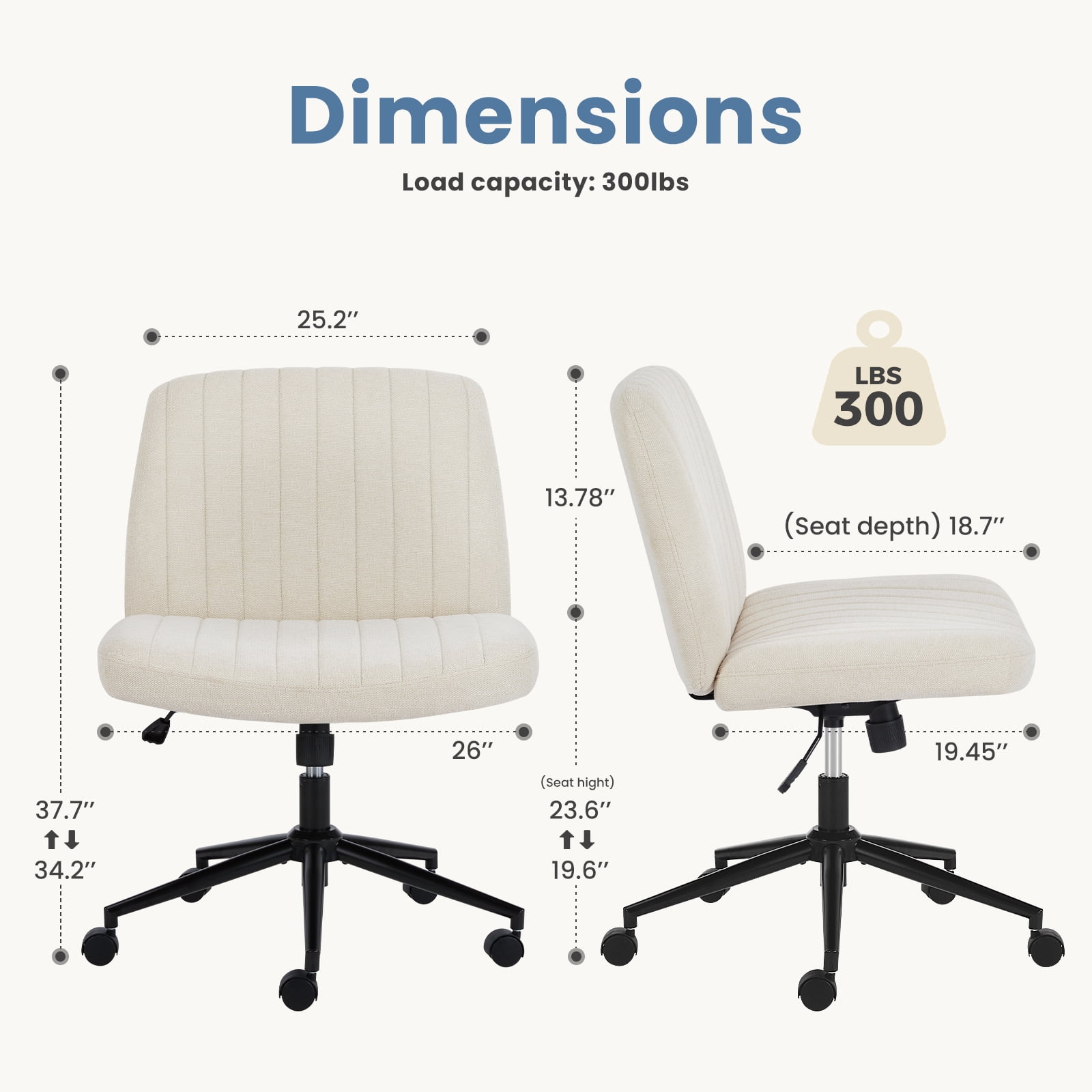JIOABL Criss Cross Chair with Wheels,Wide Seat Ergonomic Desk Chair,U Shaped Backrest,Height Adjustable Armless Swivel Chair for Home Office,Vanity & Living Room,Linen Beige