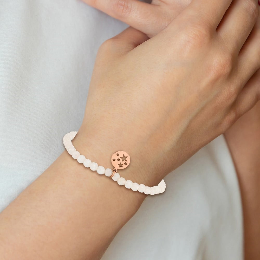 Diamond2Deal Stainless Steel Polished Rose IP-Plated Stars 4mm White Jade Beaded Stretch Bracelet for Women 6.25"