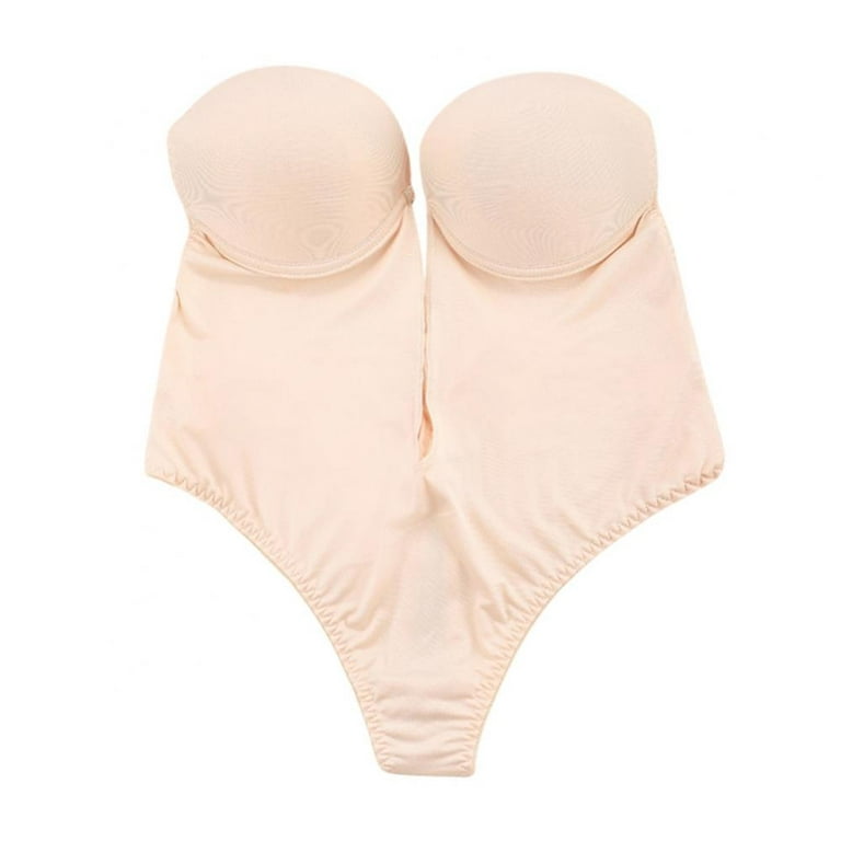 Women's Backless Shapewear Deep V Bodysuit U Plunge Seamless Thong Low Back  Body Shaper Bra(Nude,S-32/70B)