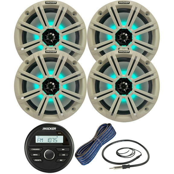 Kicker All-Weather Marine Gauge Style Bluetooth USB Stereo Receiver Bundle Combo with (QTY 4) 8" 2-Way 300W Max Coaxial Marine LED Speakers w/ White Grilles, 50-Ft 16-Gauge Wire, 22" Antenna