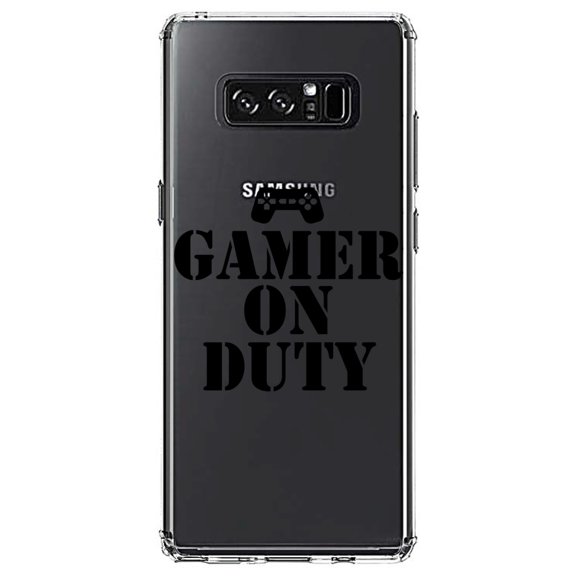 DistinctInk Clear Shockproof Hybrid Case for Samsung Galaxy Note 8 - TPU Bumper Acrylic Back Tempered Glass Screen Protector - Gamer on Duty Video Games