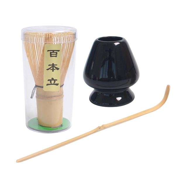 Juego de batidor de té matcha de estilo japonés, exquisito soporte de batidor de cerámica de bambú para té. Un negro