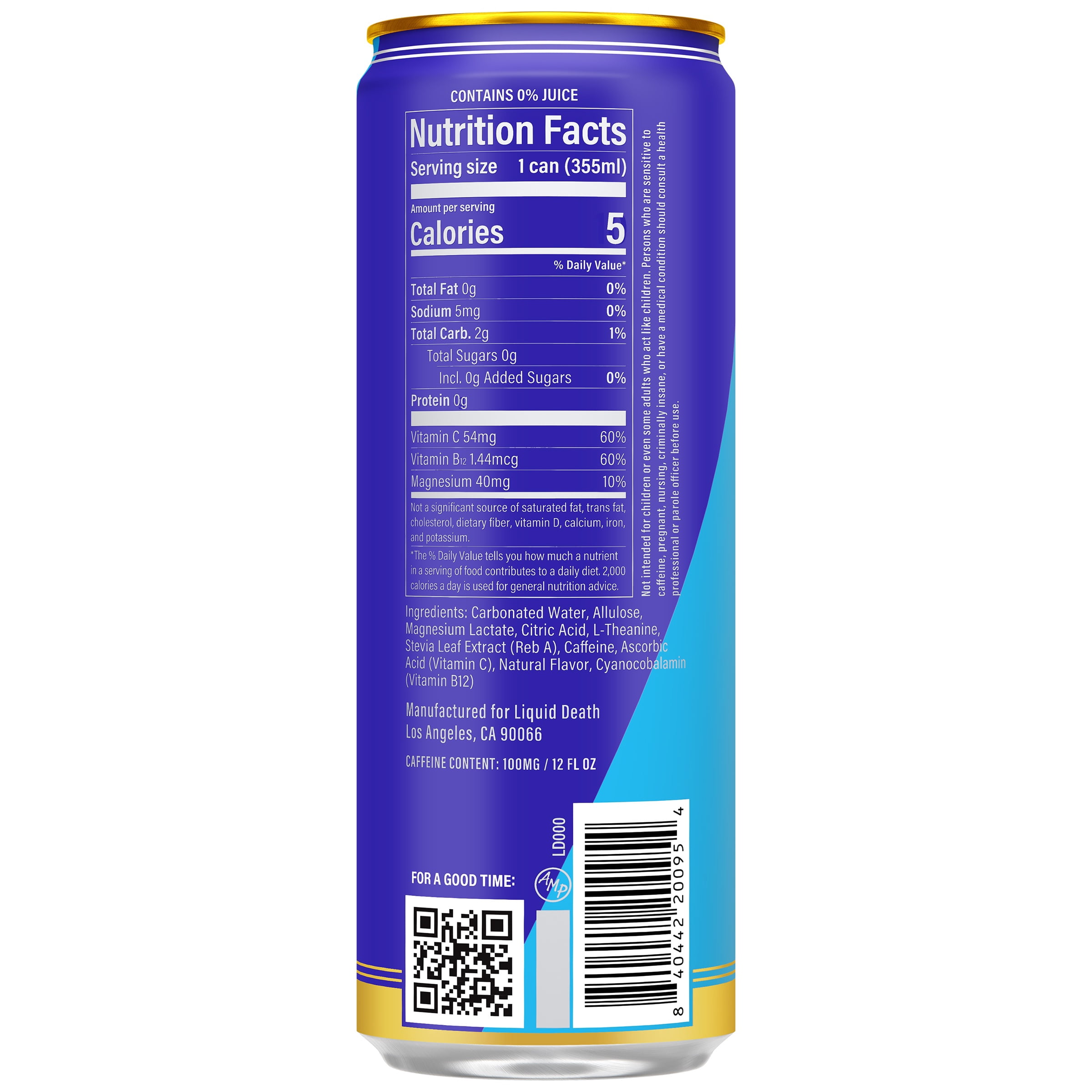 Liquid Death Sparkling Energy - Tropical Terror, Sugar-Free Energy Drink, Unextreme Caffeine 100mg, Essential Vitamins, 12 Fl Oz (Pack of 12)
