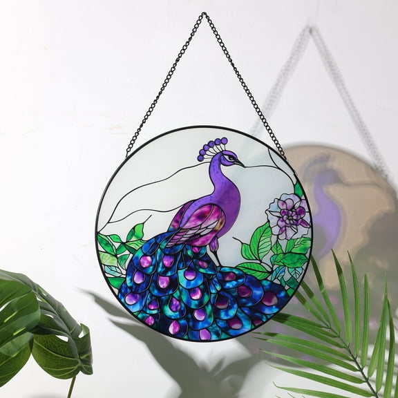 Sinkoo Peacock Stained Glass Window Hanging , 9.45in Sun Catcher Indoor Window Art Decor, Suncatcher Bird Decor Gift for Home Family Friends Bird Lover