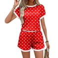 thumbnail image 4 of Sewkxo Two Piece Sets for Women Polka-Dot Summer Crew Neck Lounge Short Sets Shorts Sleeve Drawstring Sweatsuit with Pocket,Red L, 4 of 5