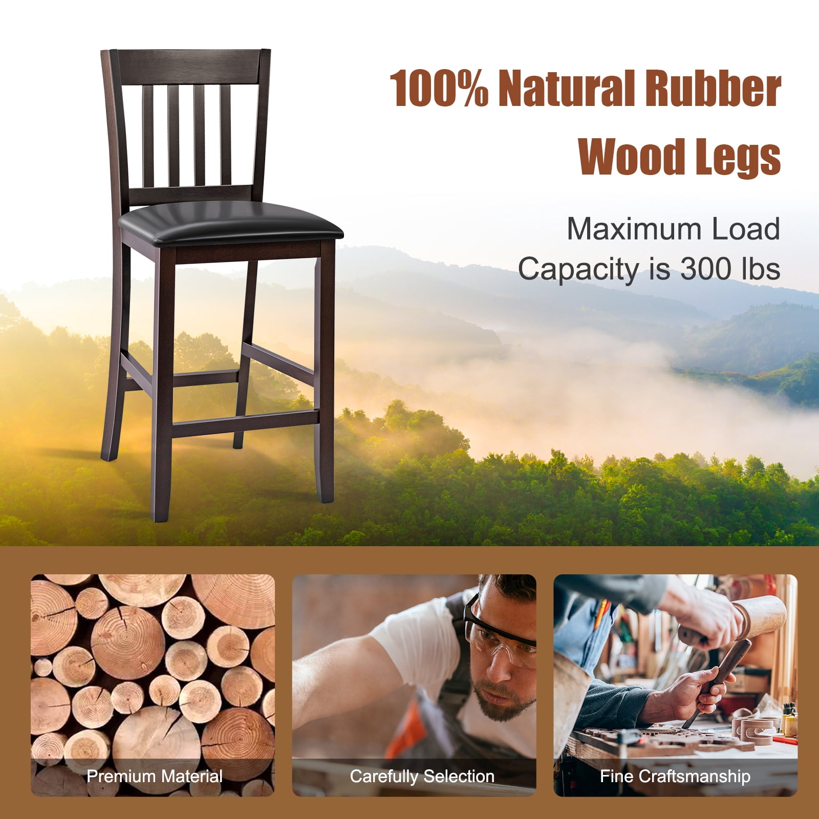 Topbuy Set of 2 Bar Stools Counter Height Pub Chairs w/ PU Leather Seat&Rubber Wood Legs