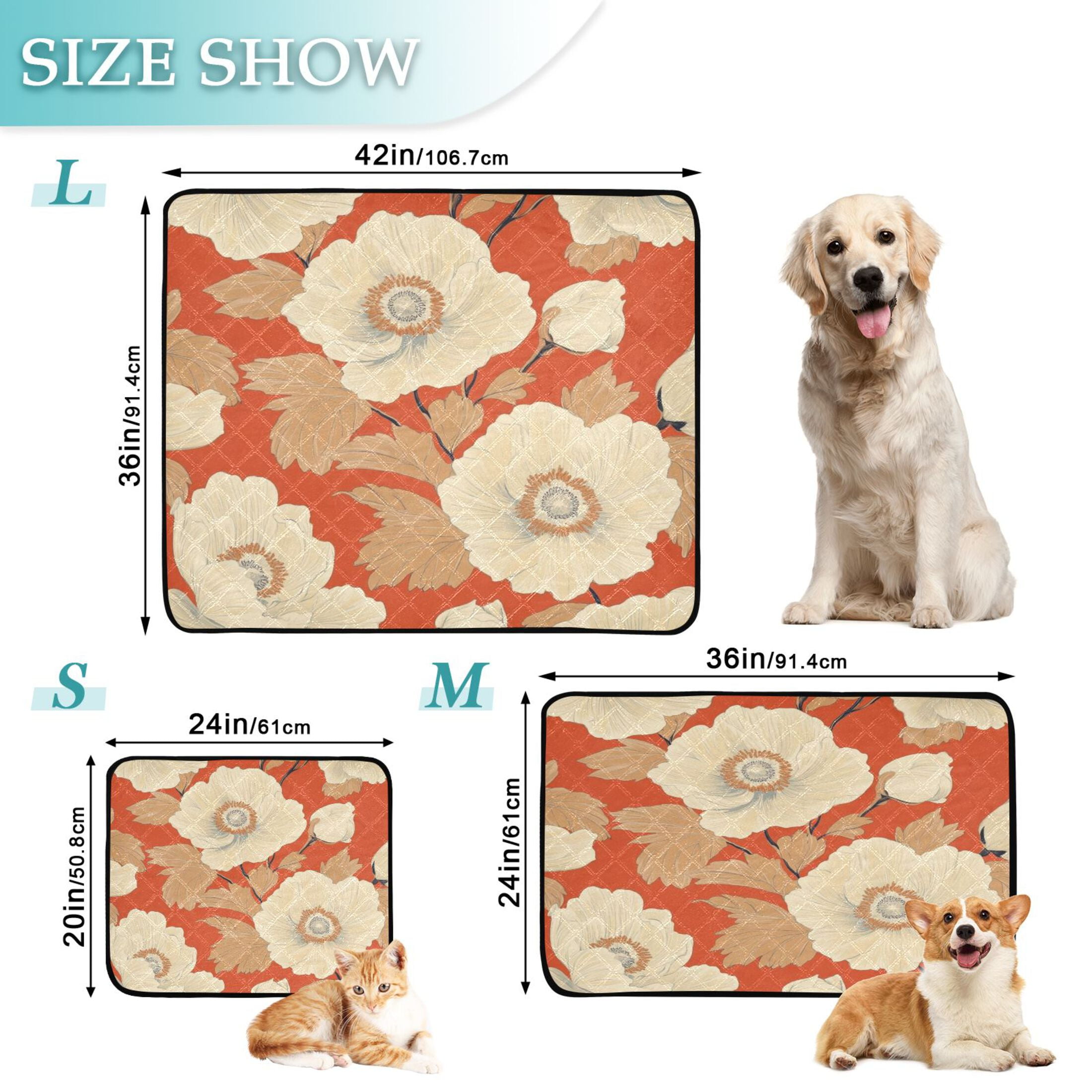 Qxltty White Flowers Orange Pattern Cat litter Pads Pet Set of 3 Diaper Mats Center Anti-leakage Layer Absorbent Soft and Comfortable