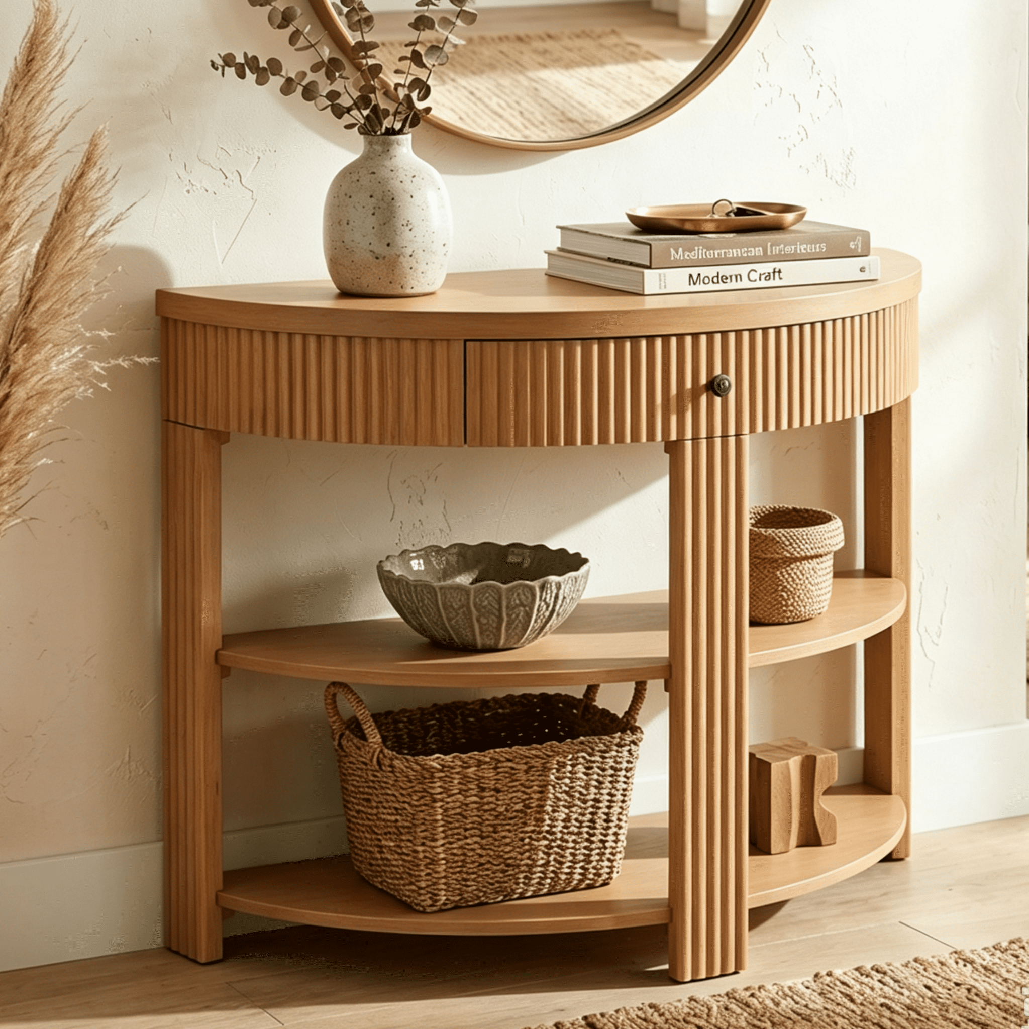Aukfa 37" Fluted Half Moon Console Table with Drawer & Open Shelves, Entryway Accent Table for Living Room Hallway, Natural