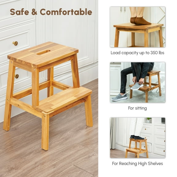 2-Step Wooden Stool, Solid Acacia Wood Step Stool for Adults and Kids, 350 lbs Capacity, 19.6" Tall Bathroom & Kitchen Ladder Stool, Indoor Outdoor Use