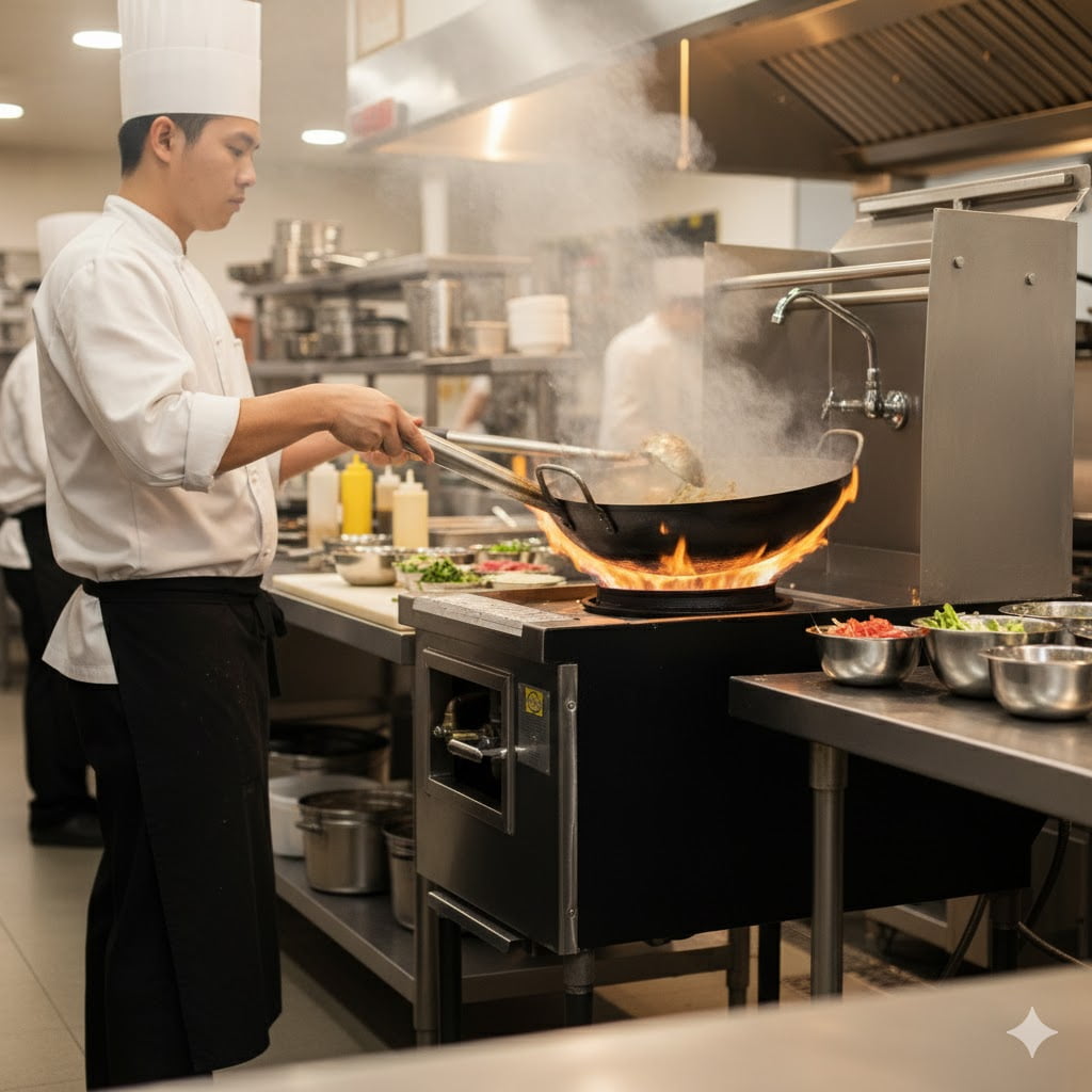 NSF 1-Hole Chinese Wok Range, 13" Ring, LP Gas, Heavy-Duty Stainless Steel, Water-Cooled Backsplash, Made in USA