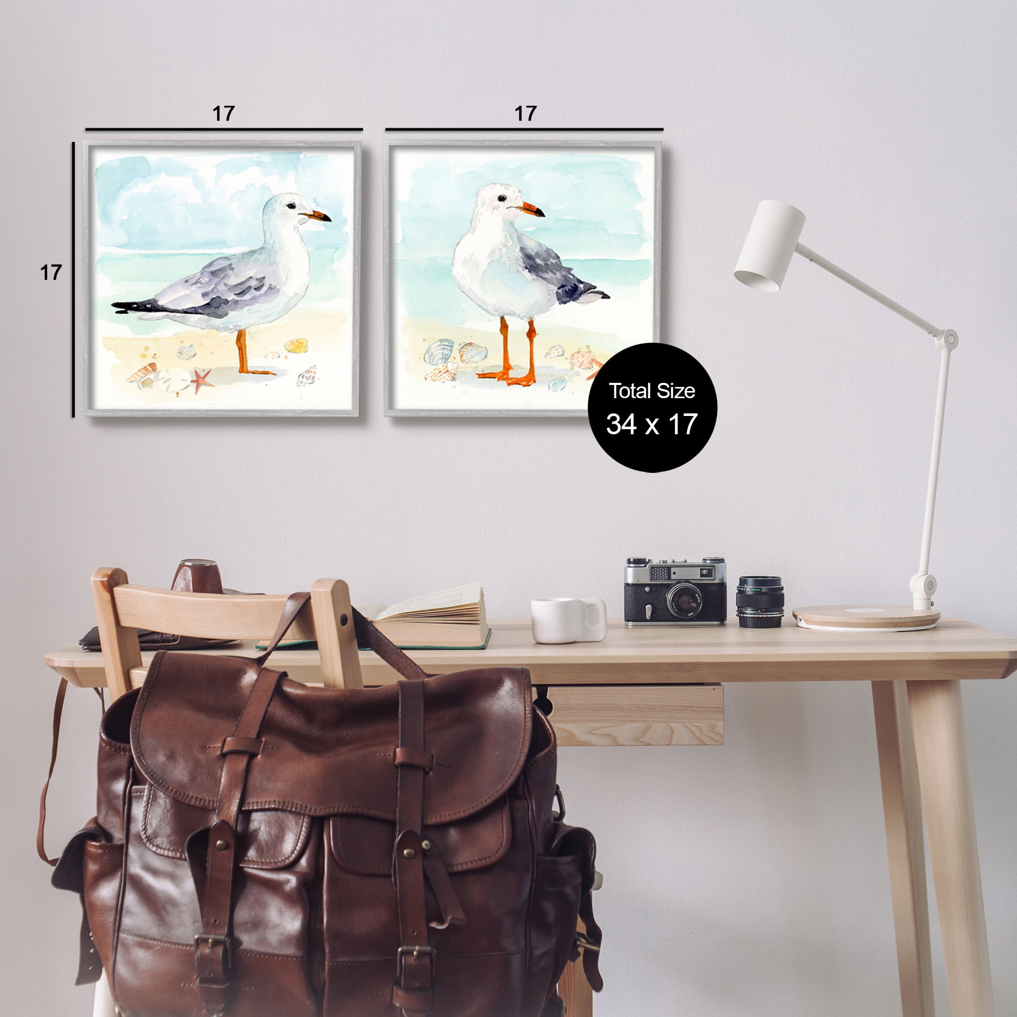 Stupell Industries Seagull & Sandpiper Birds Animals & Insects Painting Gray Framed Art Print Wall Art, 17 x 17