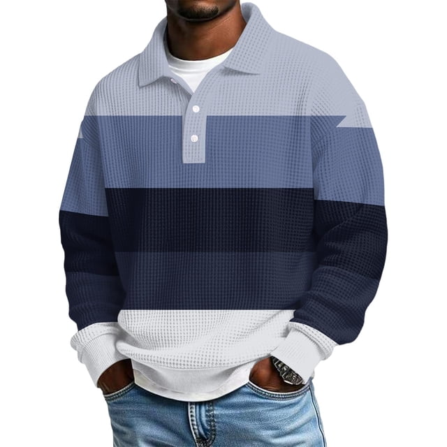 Ceisia Men's Vintage Waffle Knit Polo Sweater | Loose Drop-Shoulder Color Block Striped Long Sleeve Pullover Gifts
