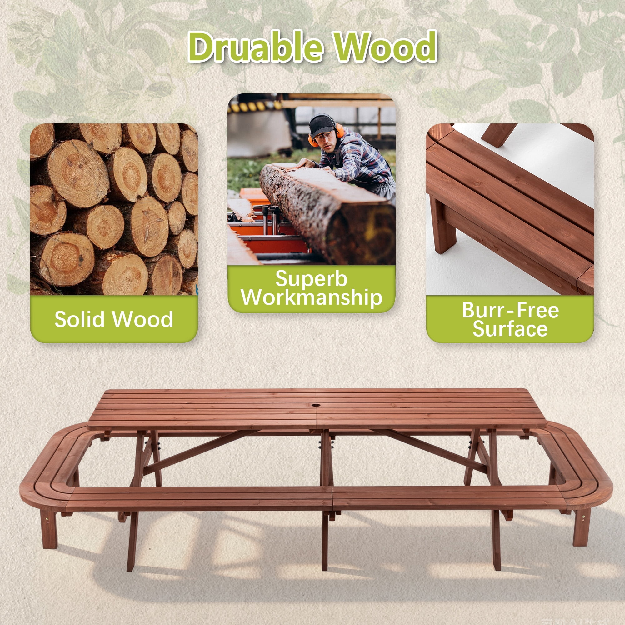 Wooden Picnic Table Bench Set for 14-16 Persons,Large Outdoor Rectangle Picnic Table with Umbrella Hole for Patio,Garden,Backyard