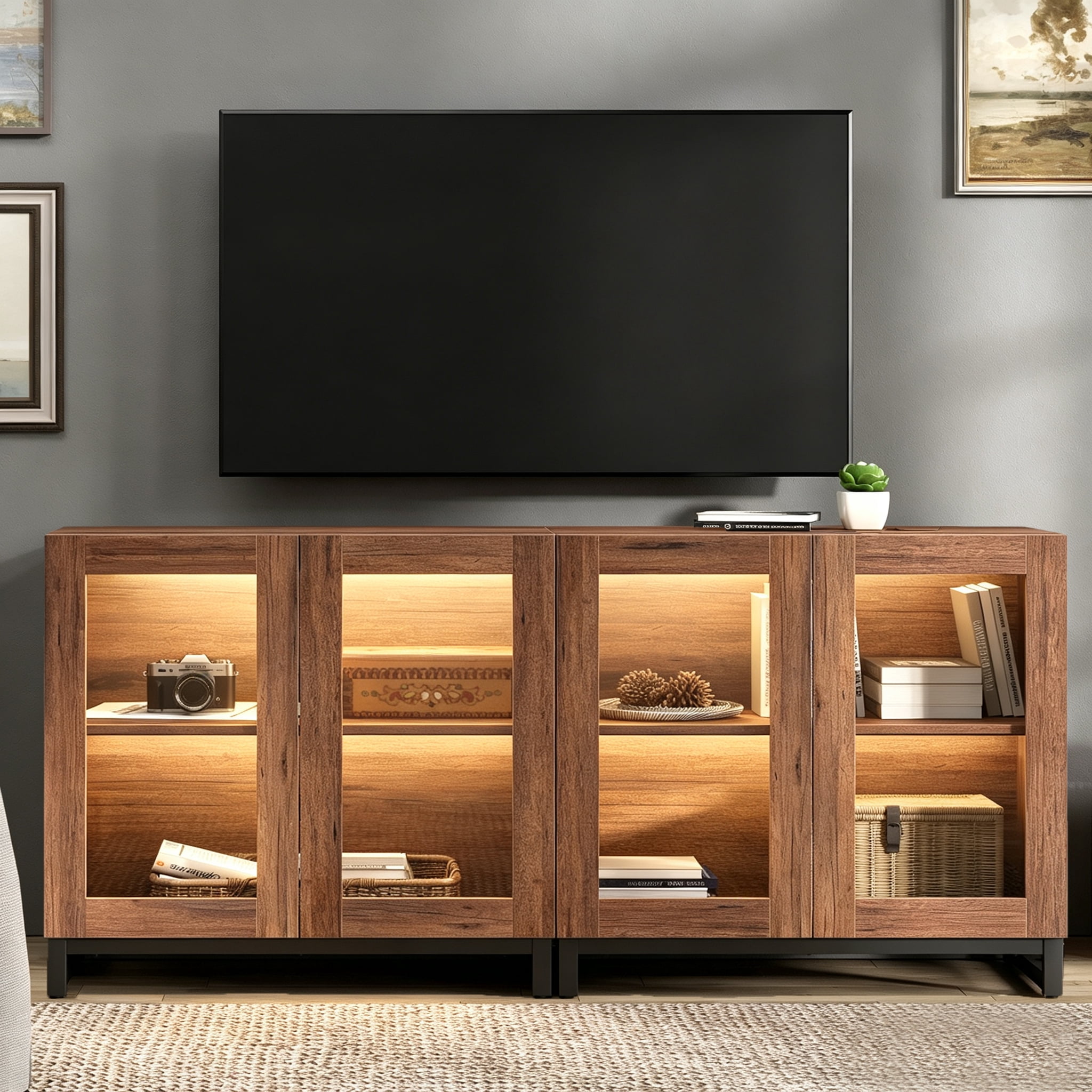 Modern TV Stand with Glass Doors, Entertainment Center TV Console with Adjustable Shelves, Media Storage Furniture up to 70 Inch TVs, Suitable for Living Room,Brown