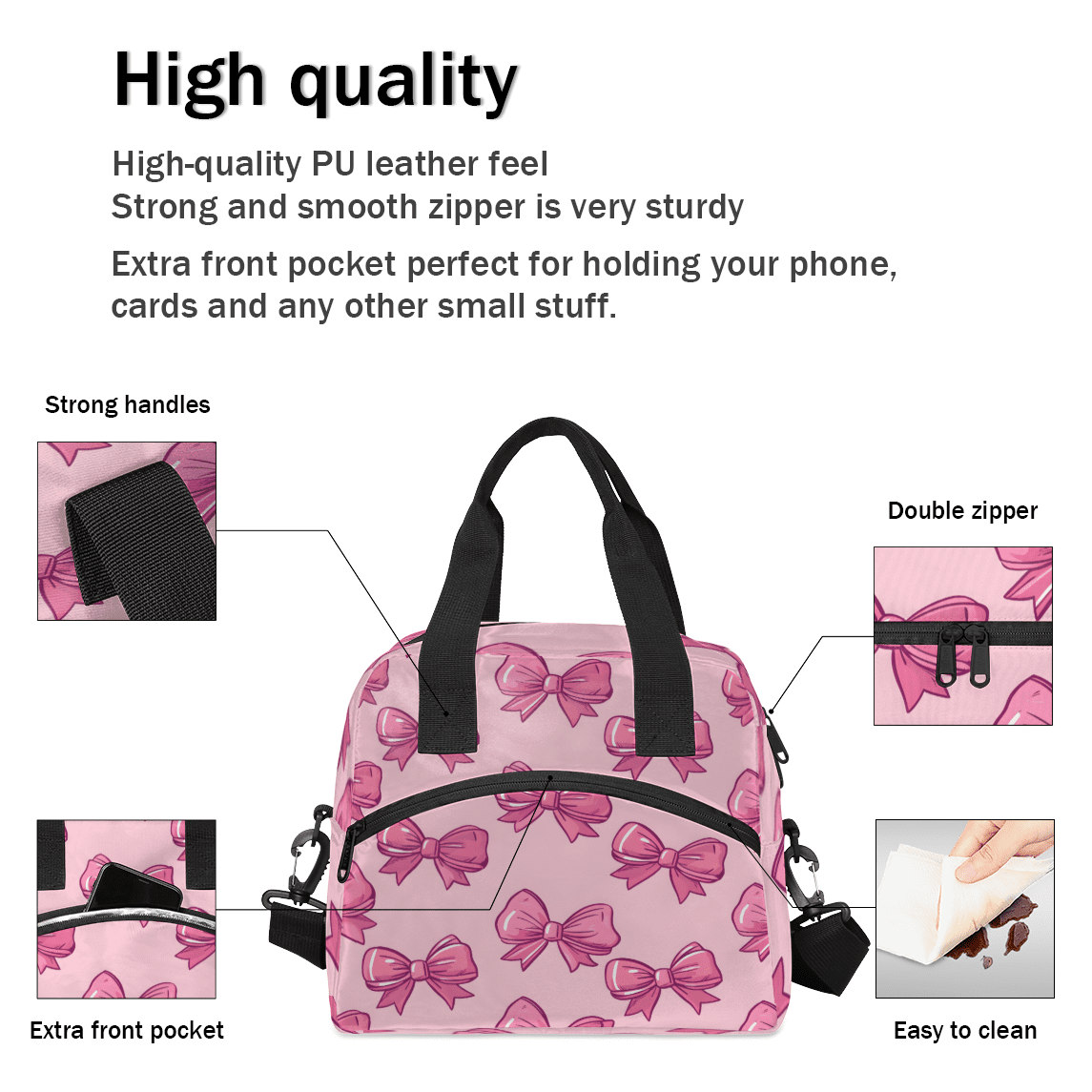 Herdesigns Bow Insulated Lunch Bag for Women Men Adults Large Reusable Lunch Box Pink Leakproof Cooler Tote Bags with Adjustable Shoulder Strap