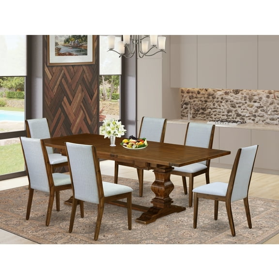 Modern 7-Piece Dining Set - Gray Linen ChairsAntique Walnut Table
