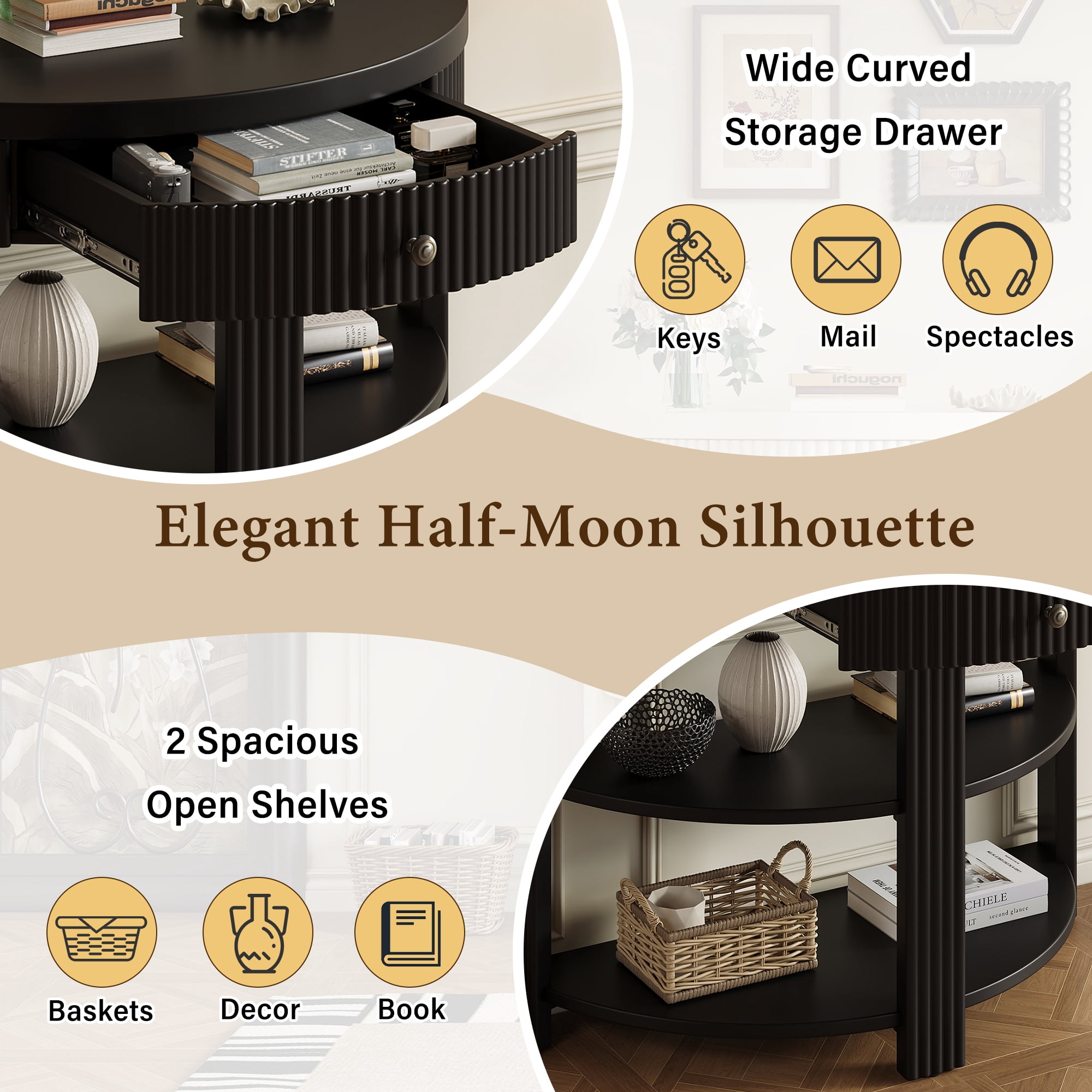 Aukfa 37" Fluted Half Moon Console Table with Drawer & Open Shelves, Entryway Accent Table for Living Room Hallway, Black
