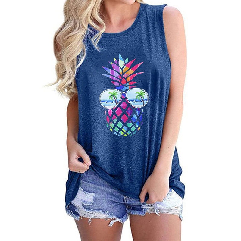 Transer Womens Tank Tops Pineapple Printed T-Shirt Summer Scoop Neck Sleeveless Tee Casual Loose Blouses