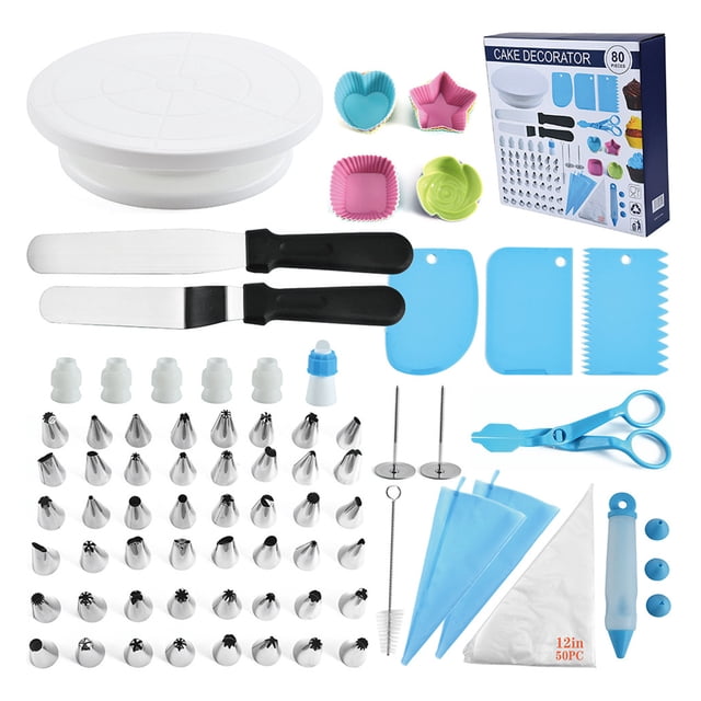 80PCS Cake Decorating Kits with Icing Tips Pastry Bags Cake Turntable Flower Nails Cream Spatula Scraper Baking Frosting Tools Set for Birthday Cake Party Dessert Restaurant Kitchen Gadgets