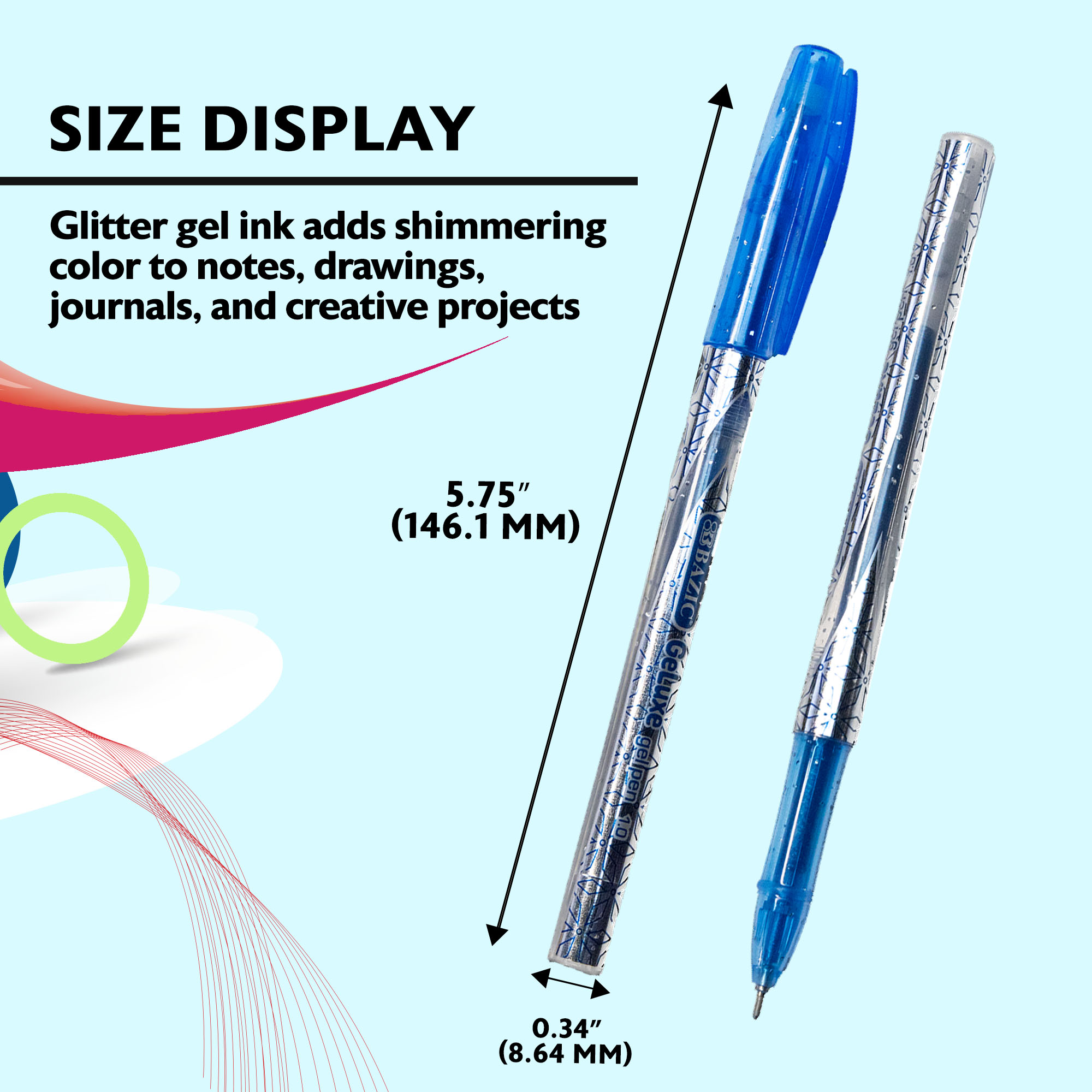BAZIC GeLuxe Gel Ink Roller Pen, Assorted Glitter Colors, 1.0 mm Medium Point (6/Pack), 24-Pack