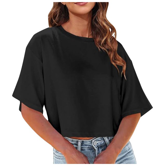 Women's Crew Neck Cropped Short Sleeve T-Shirts - Loose Shoulder Design, Soft Cotton Blend, Versatile for Daily Wear, Multiple Sizes