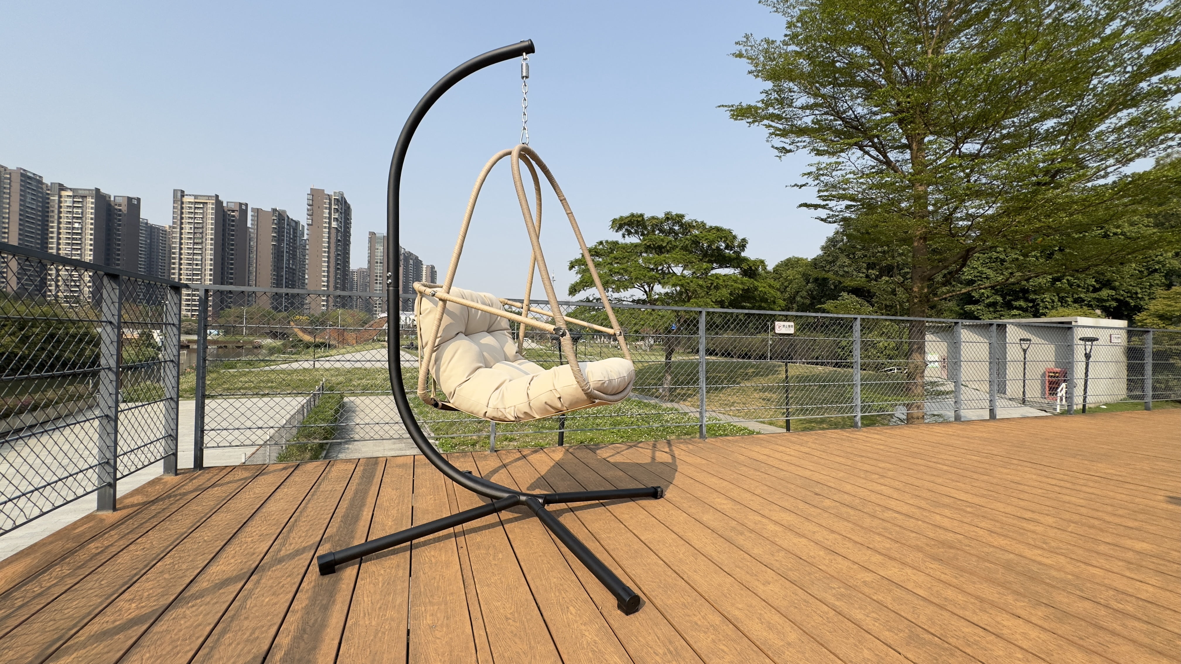 Swing Egg Chair with Stand, Wicker Rattan Hanging Chair with Cushion Pillow for Indoor Outdoor Patio Garden Balcony, Beige Brown