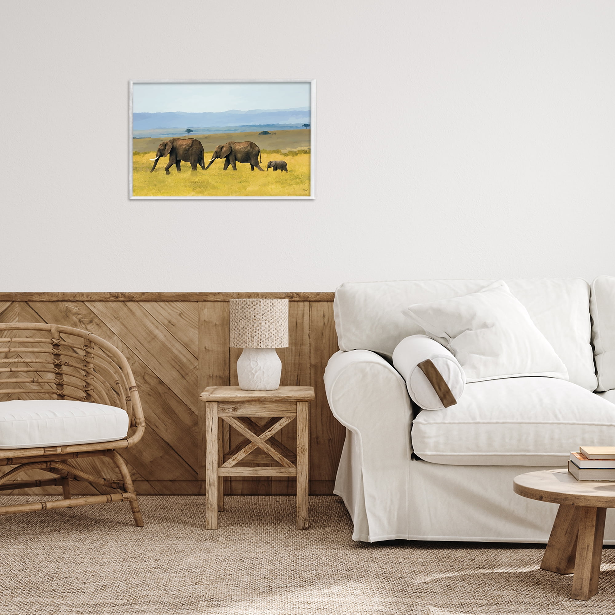 Stupell Industries Elephants In The Grassland White Framed Giclee Art, design by Renel Peters