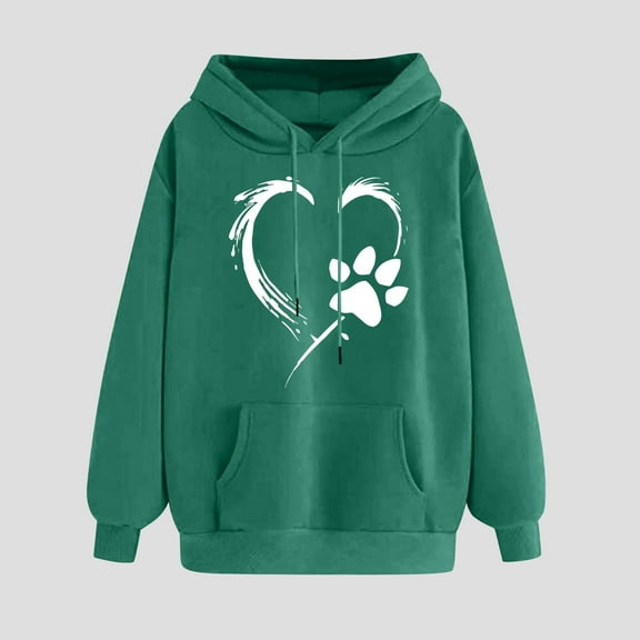 NSLGXD Womens Heart Print Hoodies Drawstring Long Sleeve Sweatshirts Cute Paw Print Oversized Graphic Tops with Kangaroo pocket