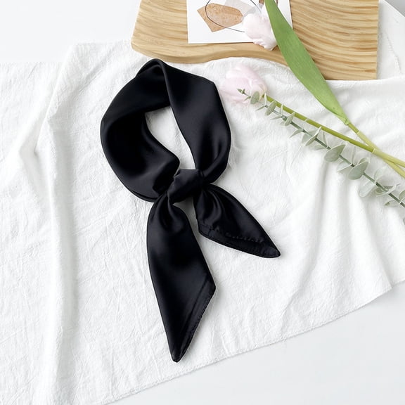 Women's Square Satin Scarf Solid Color Retro 50s Neck Hair Handkerchief Bandana Black One Size