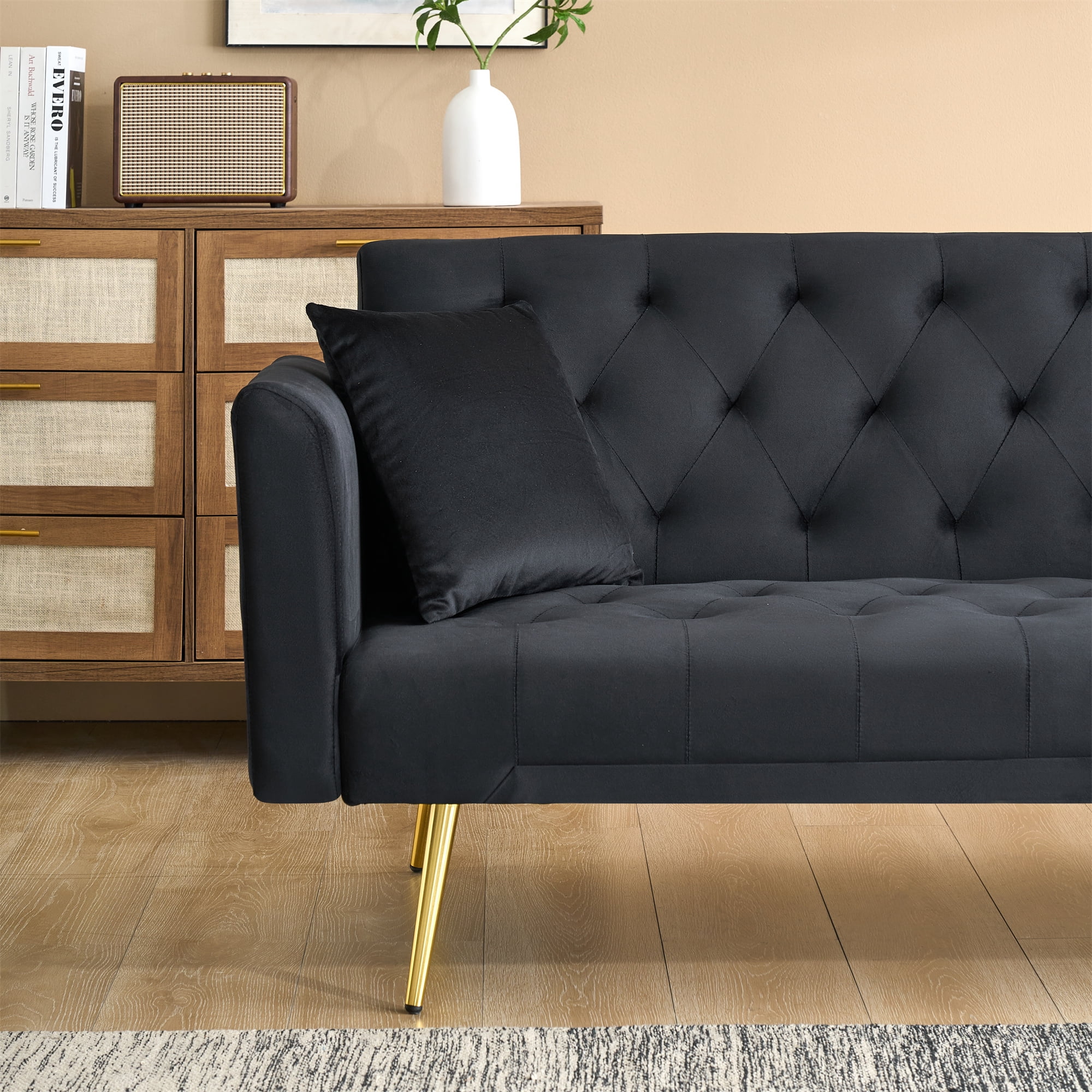 Aukfa Curved Arm Futon Convertible Sofa Bed for Home Office, 2 Pillows, Tufted Back, Velvet, Black