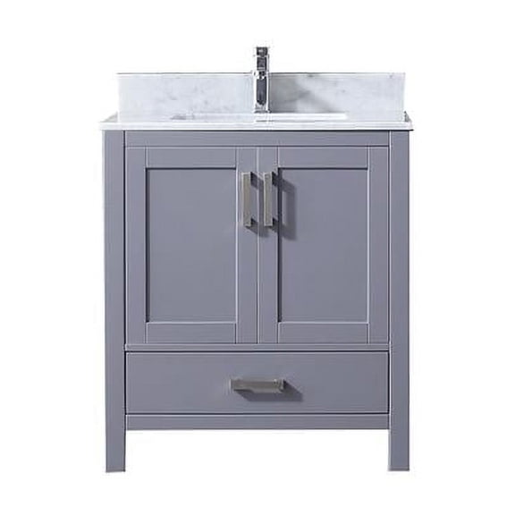 30 in. Jacques Single Vanity with White Carrera Marble Top, White Square Sink & No Mirror - Dark Grey