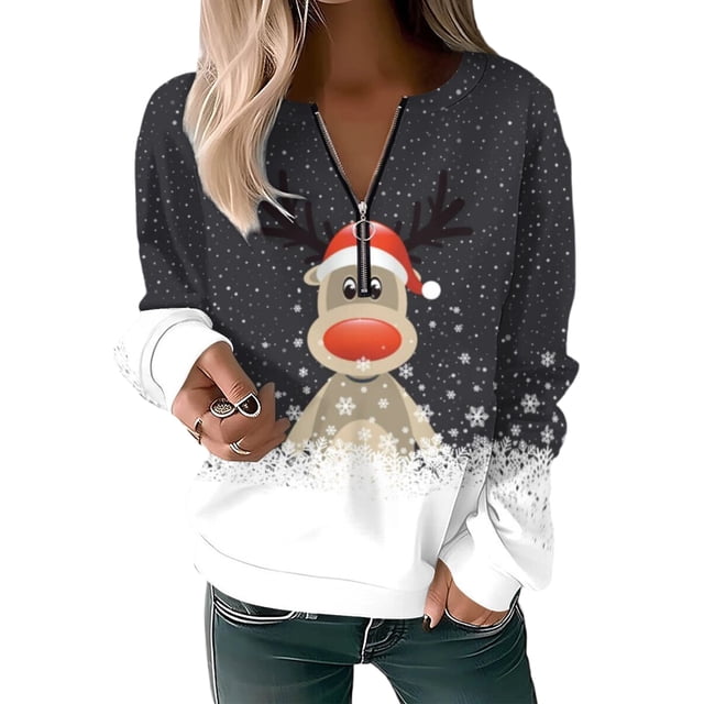 Innerwin Pullover Christmas Ladies Xmas Tops Work V Neck Casual Sweatshirt Black M