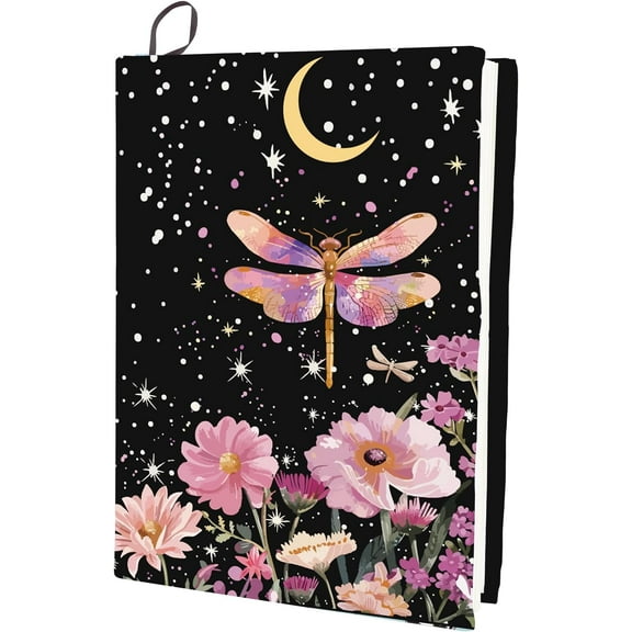 Dragonfly Stretchable Book Cover Moon Flower Washable Reusable Large Nylon Book Sleeve Book Protector Elastic Notebook Wraps for Hardcover Books Textbook Gift 1pc