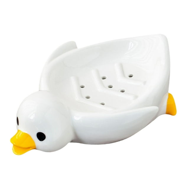 Jabonera de cerámica con forma de pato, fácil de limpiar, con desagüe. Soporte para jabón. Bandeja para jabón. Blanco