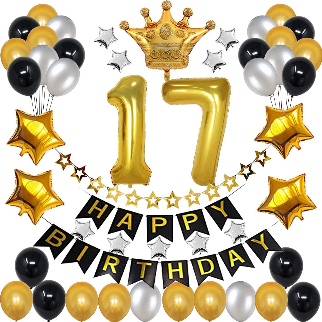 17th Birthday Decorations For Men Boy Women Girl Black And Gold Birthday Decorations For 17th And 71st Happy Birthday Party With 17 Gold Number Balloon Happy Birthday Banner And Gold Crown Balloons