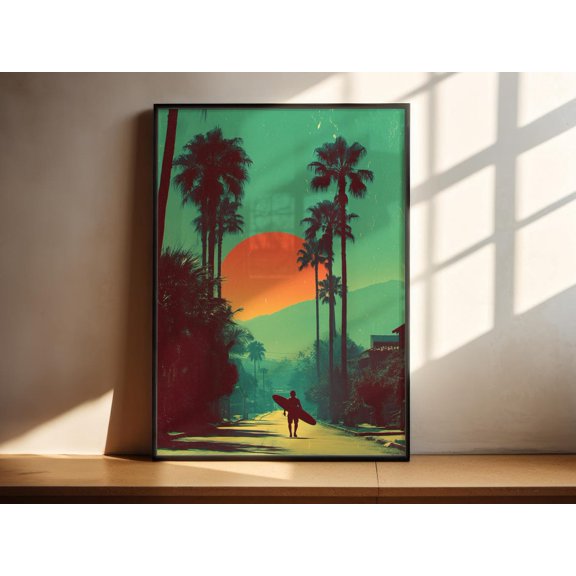 Retro Surf Wall Art California Sunset Print Surfer Silhouette, Unframed Paper Print