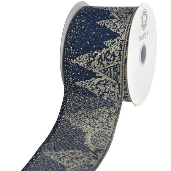HOMEFORD Christmas Glittered Trees Cabin Scene Wired Ribbon, 2-1/2-inch, 10-yard, Navy