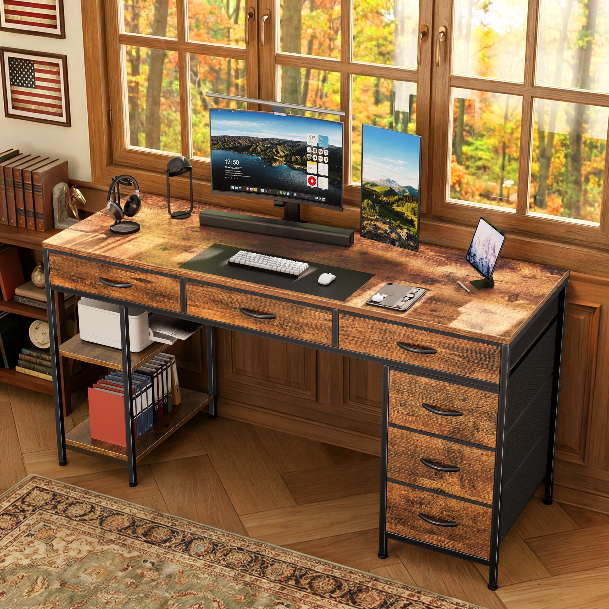 Amadwell 47" Desk with Drawers & Storage, Office Desk with Reversible Shelves, Gaming Computer Desk, Brown