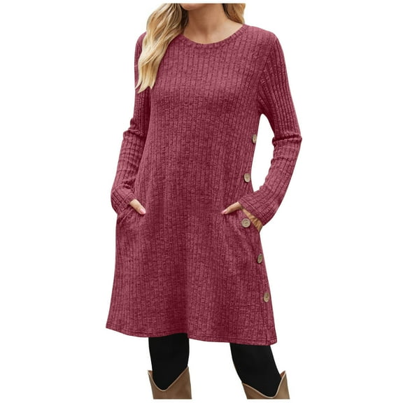 LIaqionyy Dresses for Womens Crew Neck Long Sleeve Fall Casual Ribbed Knit Dress Trendy Outfits with Pocket