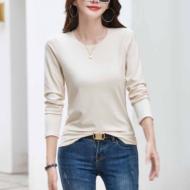 RXIRUCGD Hauts pour Femmes 2024 Col Rond Couleur Unie Chemise de Base Manches Longues Col Rond, Beige, Taille : S