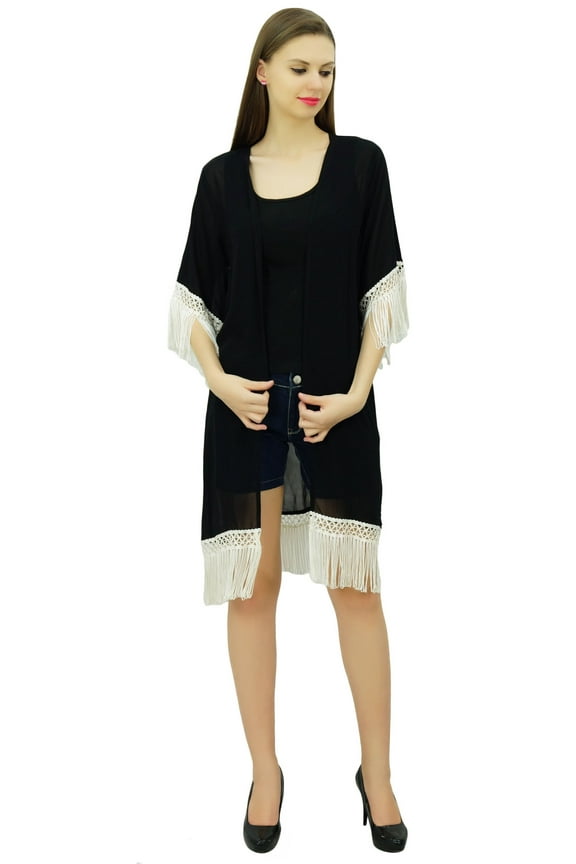 Women Beach Coverup Sheer Georgette Trendy Tassel Shrug