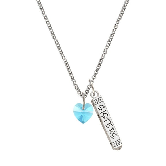 Delight Jewelry Hot Blue Crystal Heart Silvertone Sisters Best Friends Forever Bar Charm Necklace, 23"