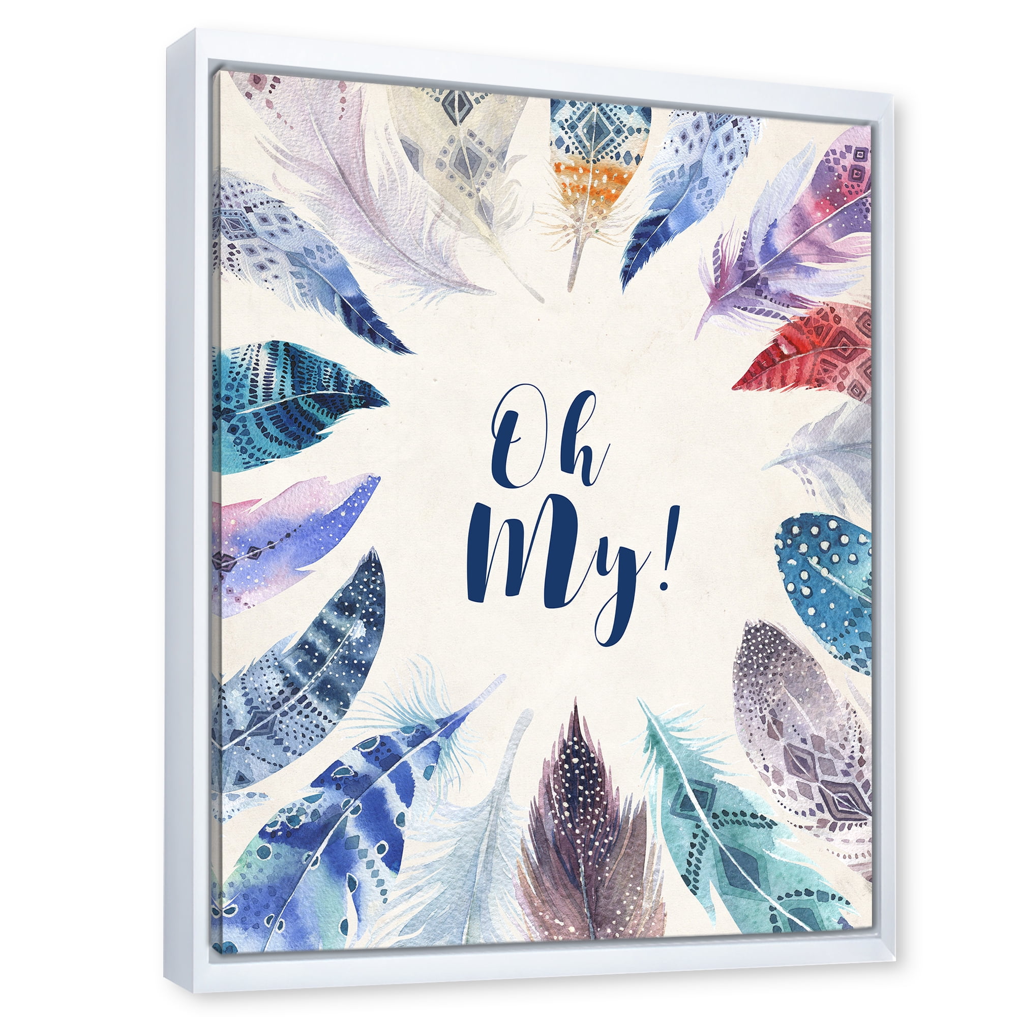 Designart 'Vital Blue Feathers Oh My' Bohemian & Eclectic Framed Canvas Wall Art Print