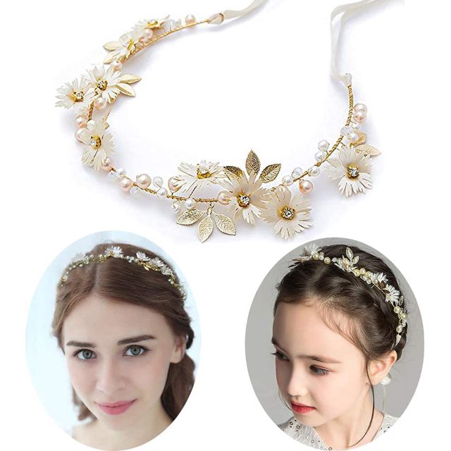 Corona de flores para el cabello, diadema con corona de flores de margarita, joyería para el cabello de boda, cuentas de cristal dorado con accesorio de cinta, accesorio para el cabello de boda, 1 pieza Rojo Verde