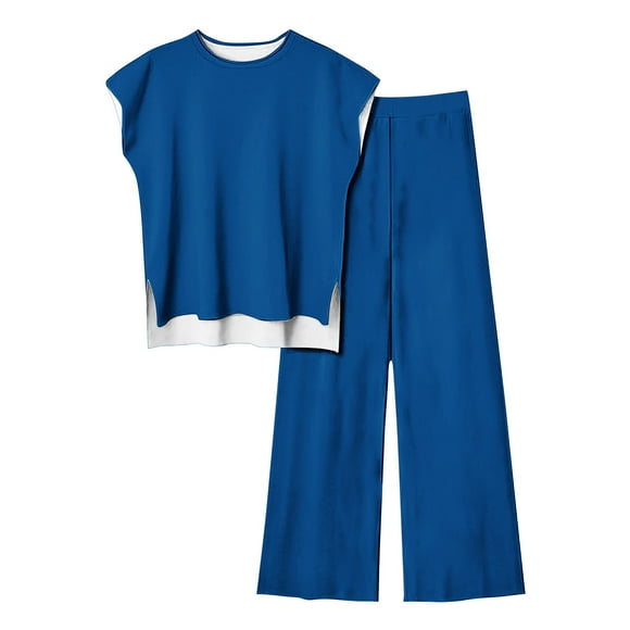 Besolor Womens Plus Size 2 Piece Outfits 2024 Summer Tracksuit Crewneck Cap Sleeve Tops and Long Pants Lounge Sets