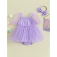 thumbnail image 2 of Infant Baby Girls Rompers Dress Summer Sequins Short Sleeve Mesh Tulle Skirt Hem Bodysuits with Headband, 2 of 8
