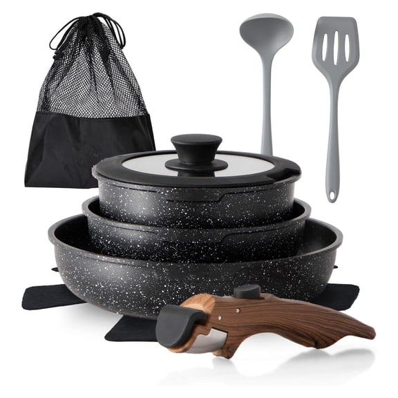 10 Pcs Pots and Pans Set Non Stick, Nonstick Kitchen Cookware Sets Detachable Handle, Induction Pots and Pans Set with Removable Handle, RV Cookware Set for Camping, Oven Safe, , Free, Black