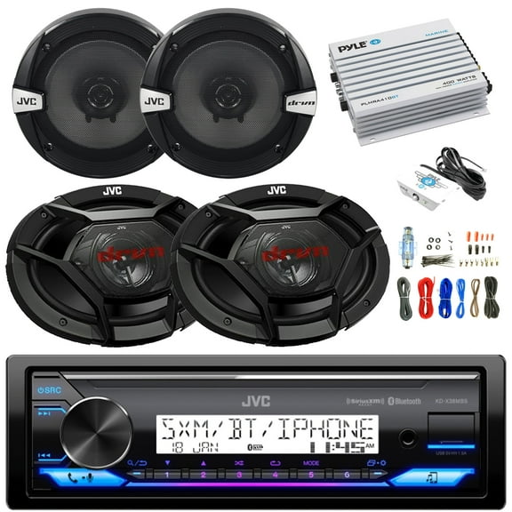 JVC KD-X38MBS Single DIN Marine Bluetooth USB AUX AM/FM Stereo Receiver, 6.5" 300W Peak 2-Way Speakers (Pair), 6x9" 500W Max 3-Way Car Speakers (Pair), 4-Channel 400W Bluetooth Amplifier w/ Wiring Kit